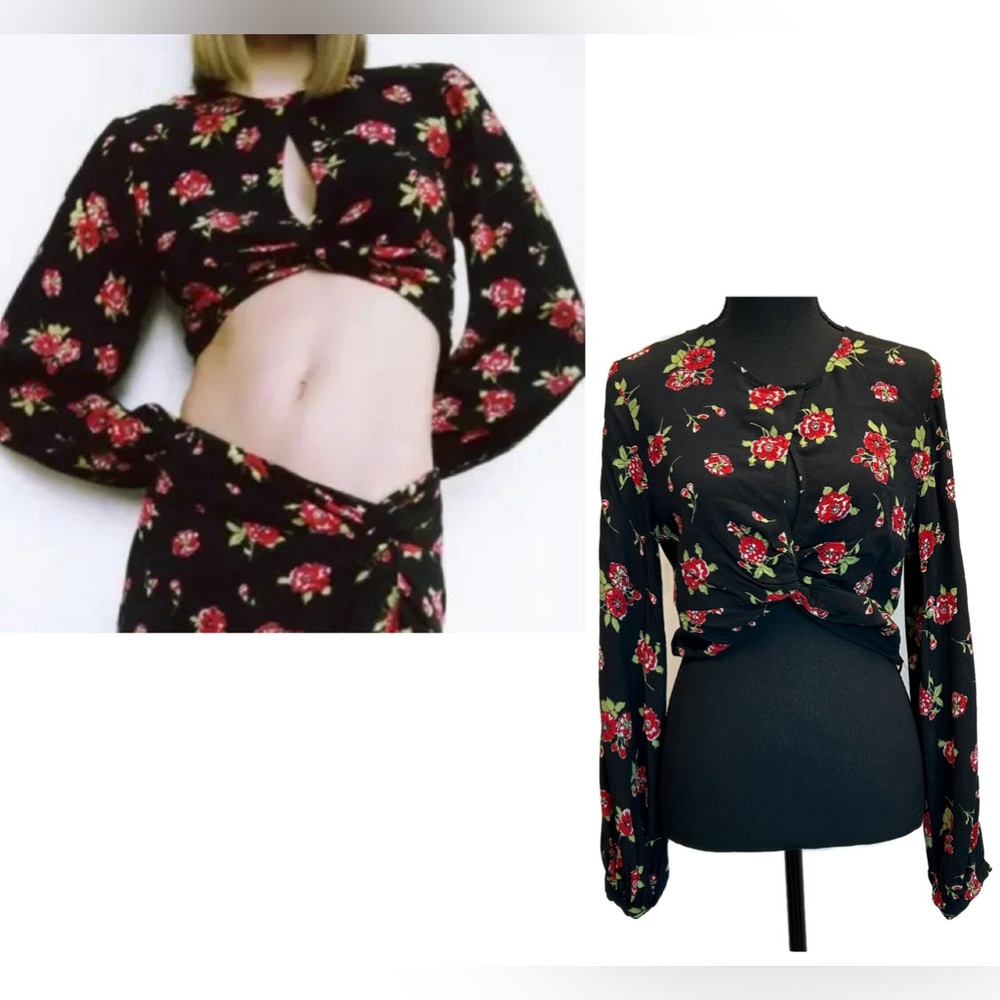 Zara black red flower floral print front twist peep hole long sleeve blouse top